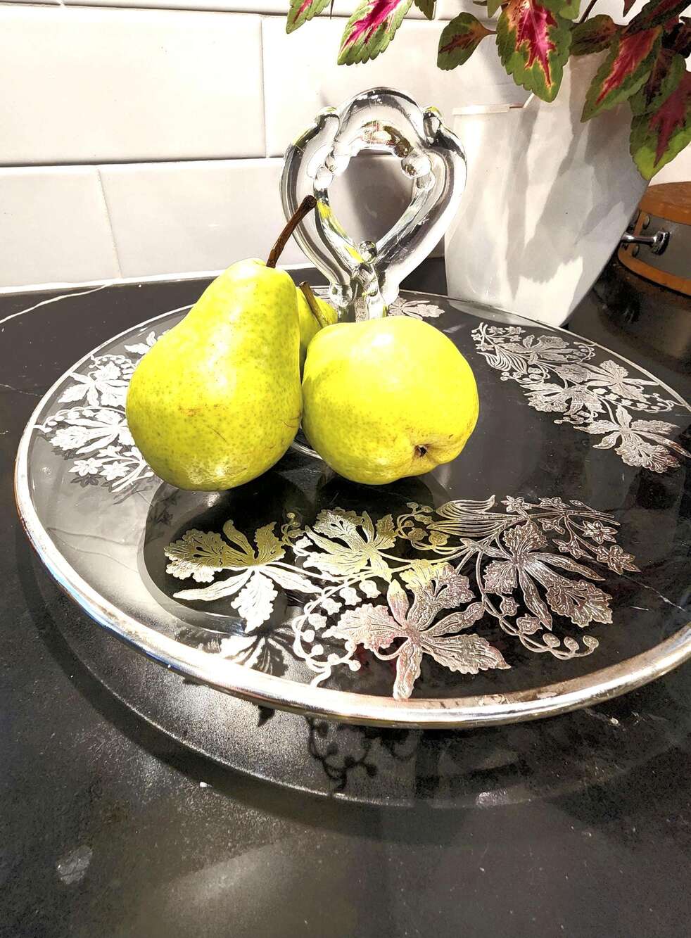 Vintage Silver Overlay Glass Serving Tray - Floral Etched Handle